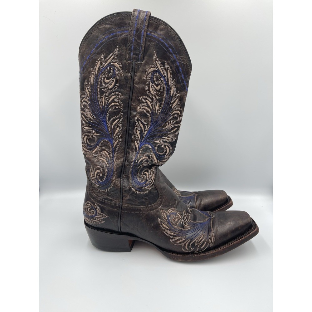Ariat Brown Leather Western Boots with Blue and Tan Embroidery